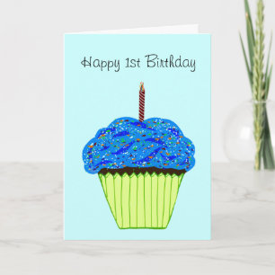 Happy 1st Birthday Blue Cupcake Card