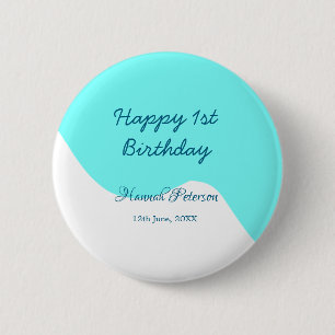 Happy 1st birthday blue wavy retro boho name date 6 cm round badge