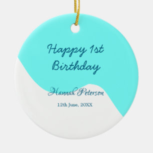 Happy 1st birthday blue wavy retro boho name date ceramic ornament