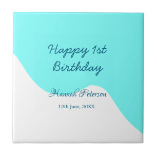Happy 1st birthday blue wavy retro boho name date ceramic tile