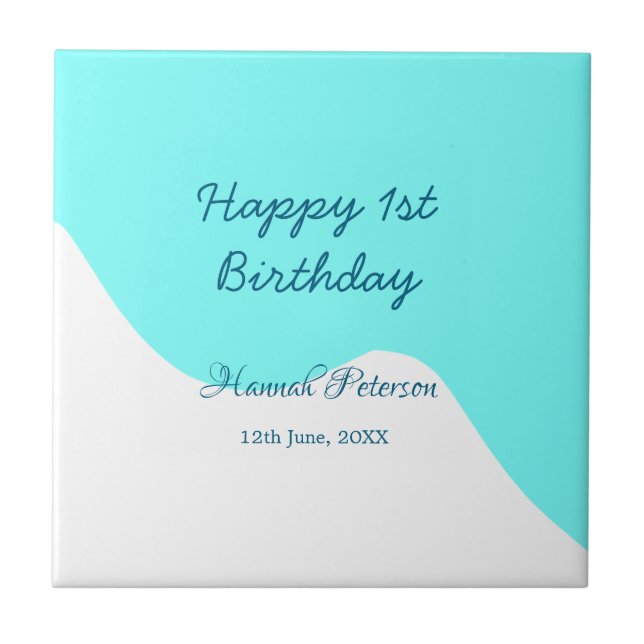 Happy 1st birthday blue wavy retro boho name date ceramic tile (Front)