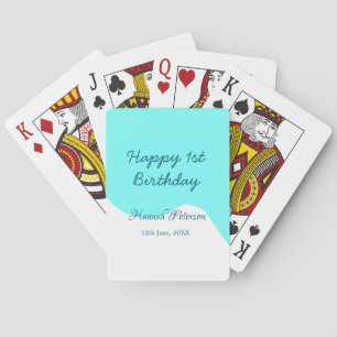 Happy 1st birthday blue wavy retro boho name date playing cards