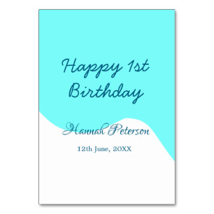 Happy 1st birthday blue wavy retro boho name date table number