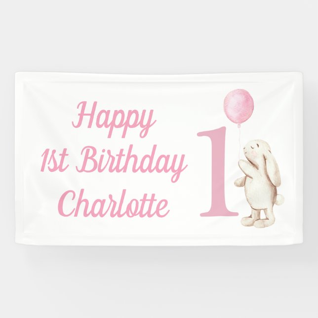 Happy 1st Birthday Bunny Balloon Pink Banner (Horizontal)