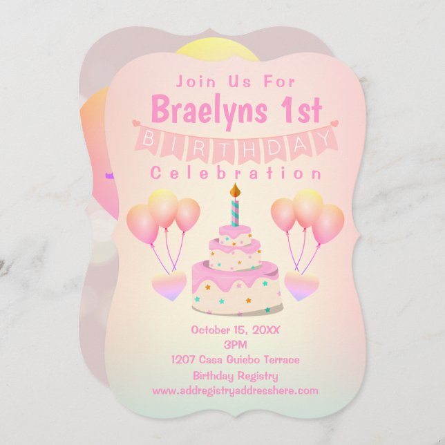 Happy 1st Birthday Cake & Balloons Invitation (Front/Back)