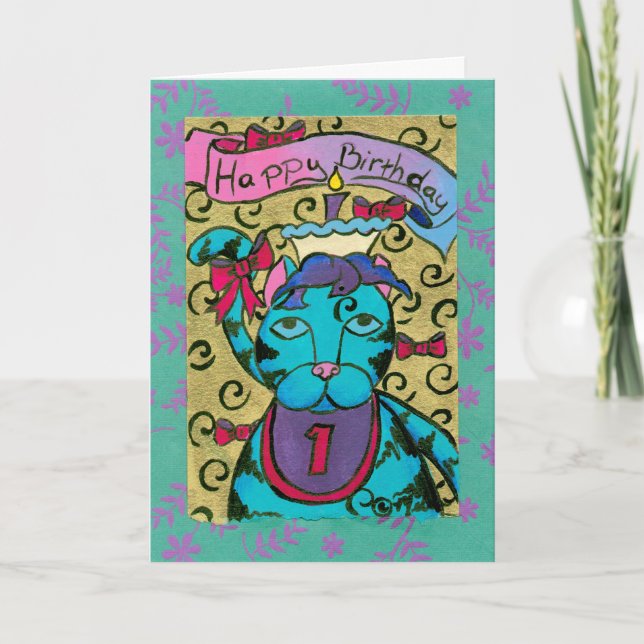 Happy 1st Birthday Cat Card (Front)