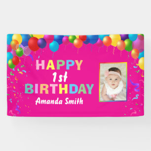 Happy 1st Birthday Colorful Balloons Hot Pink Banner
