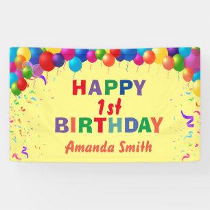 Happy 1st Birthday Colorful Balloons Yellow Banner