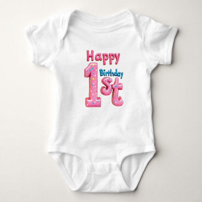 Happy 1st Birthday – Colorful Celebration Text  Baby Bodysuit (Front)