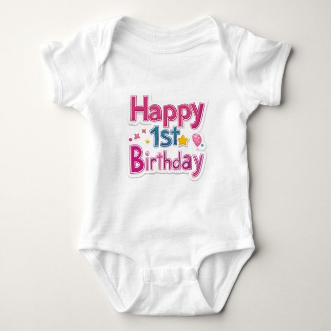 Happy 1st Birthday – Colorful cute Pink Design  Baby Bodysuit (Front)