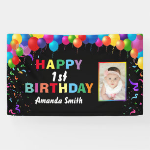 Happy 1st Birthday Colourful Balloons Confetti Banner