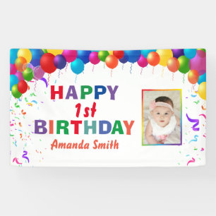 Happy 1st Birthday Colourful Balloons White Banner