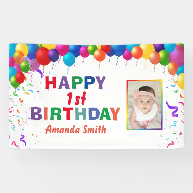 Happy 1st Birthday Colourful Balloons White Banner (Horizontal)
