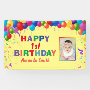 Happy 1st Birthday Colourful Balloons Yellow Banner