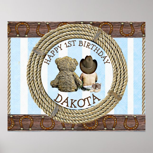 Happy 1st Birthday Cowboy and Teddy Bear Boy's Poster (Front)