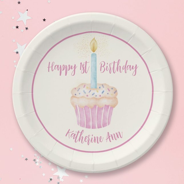 Happy 1st Birthday Cupcake Paper Plate (Creator Uploaded)
