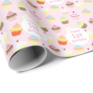 Happy 1st Birthday Cupcake Pink Gift Wrap