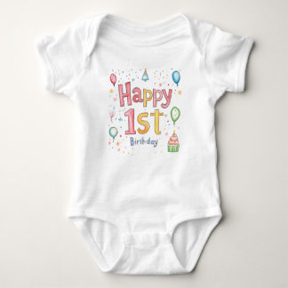 Happy 1st Birthday – Cute Birthday Card with pink  Baby Bodysuit