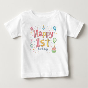 Happy 1st Birthday – Cute Birthday Card with pink  Baby T-Shirt