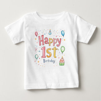 Happy 1st Birthday – Cute Birthday Card with pink  Baby T-Shirt