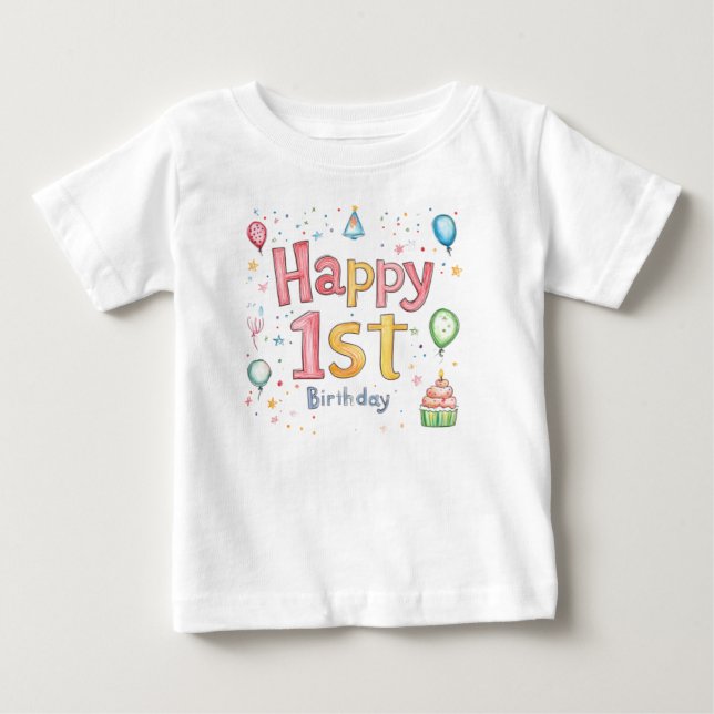 Happy 1st Birthday – Cute Birthday Card with pink  Baby T-Shirt (Front)