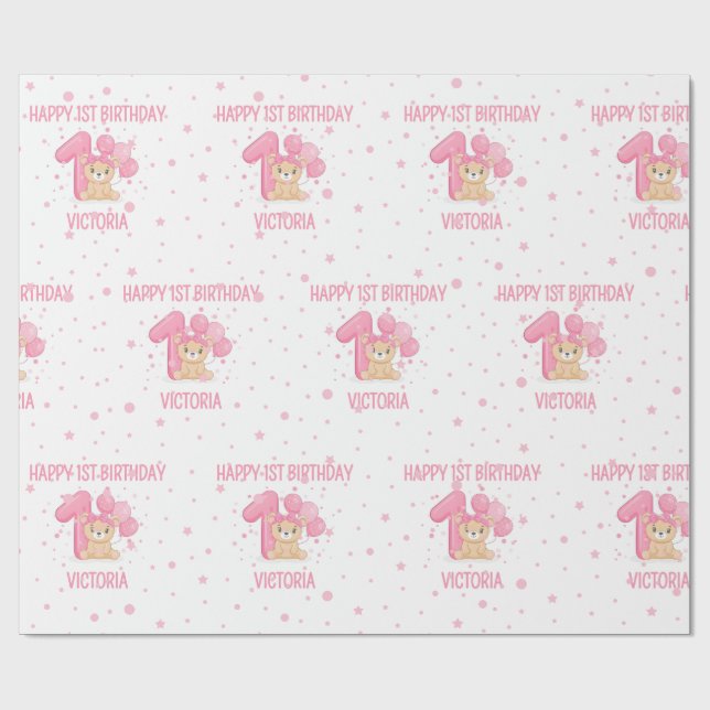Happy 1st Birthday Cute Little Pink Bear Girl  Wrapping Paper (Flat)