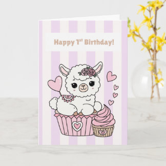 Happy 1st Birthday Cute Llama Girl Card | Adorable