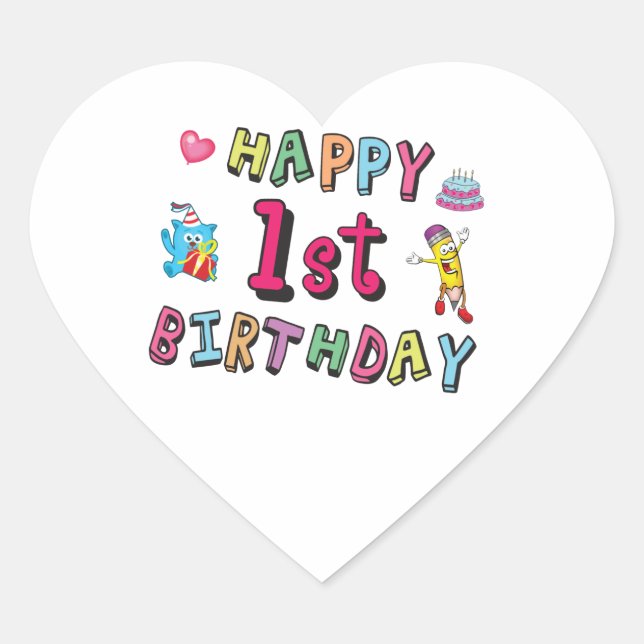 Happy 1st Birthday for 1 year old Kids B-day Heart Sticker (Front)