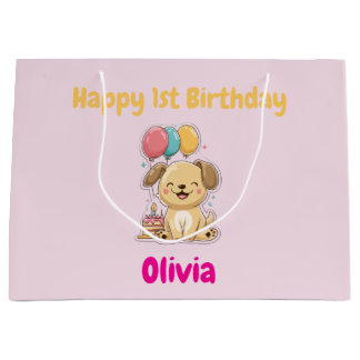 Happy 1st Birthday Gift Wrap, Custom Puppy  Large Gift Bag