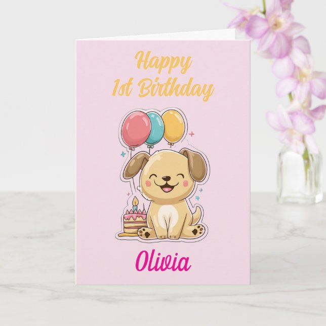 Happy 1st Birthday, Girl, Happy Puppy, Custom Card (Orchid)