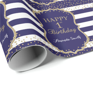Happy 1st Birthday Gold Glitter and Navy Blue Wrapping Paper