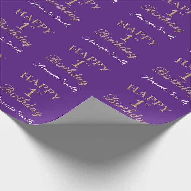 Happy 1st Birthday Gold Glitter and Purple Wrapping Paper (Corner)