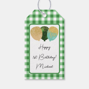 Happy 1st Birthday & Green Gingham & Balloons Gift Tags