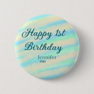 Happy 1st birthday kids baby blue green pastel ret 6 cm round badge