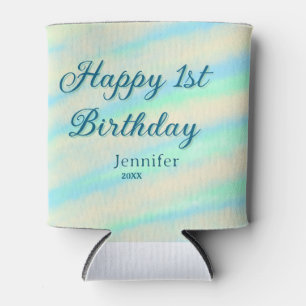 Happy 1st birthday kids baby blue green pastel ret can cooler