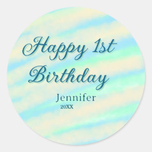 Happy 1st birthday kids baby blue green pastel ret classic round sticker