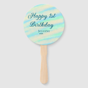 Happy 1st birthday kids baby blue green pastel ret hand fan