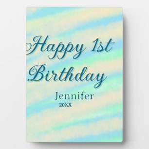 Happy 1st birthday kids baby blue green pastel ret plaque