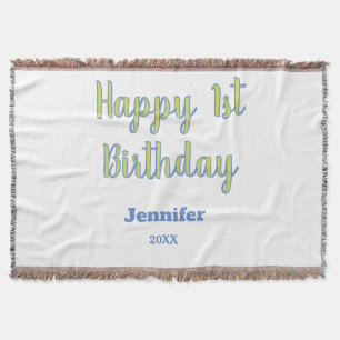 Happy 1st birthday kids baby green blue pastel tre throw blanket
