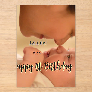 Happy 1st birthday kids baby mother black yellow  acrylic invitations