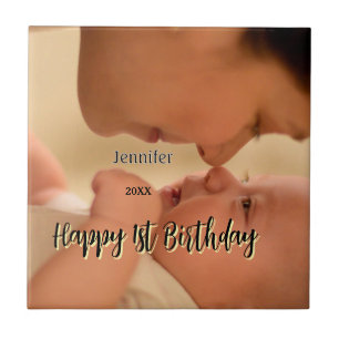 Happy 1st birthday kids baby mother black yellow ceramic tile