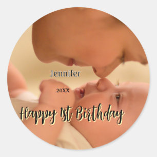 Happy 1st birthday kids baby mother black yellow classic round sticker