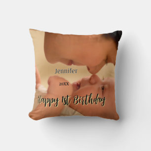 Happy 1st birthday kids baby mother black yellow cushion