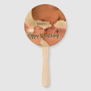 Happy 1st birthday kids baby mother black yellow hand fan