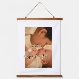Happy 1st birthday kids baby mother black yellow hanging tapestry