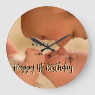 Happy 1st birthday kids baby mother black yellow  large clock