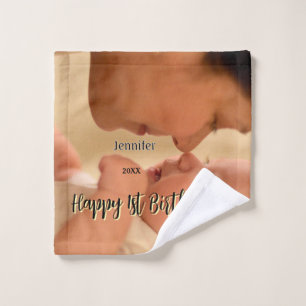 Happy 1st birthday kids baby mother black yellow wash cloth
