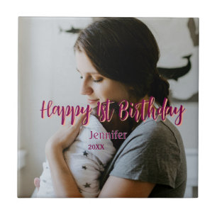 Happy 1st birthday kids baby mother red orange sty ceramic tile
