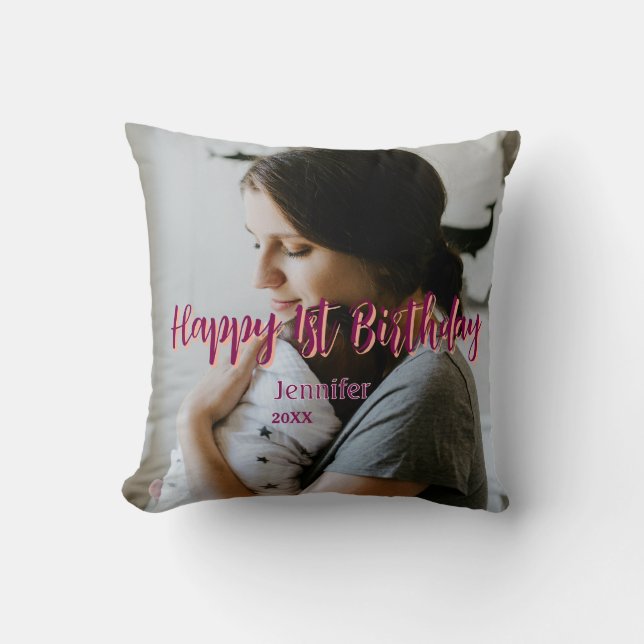 Happy 1st birthday kids baby mother red orange sty cushion (Front)