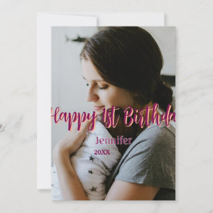 Happy 1st birthday kids baby mother red orange sty invitation
